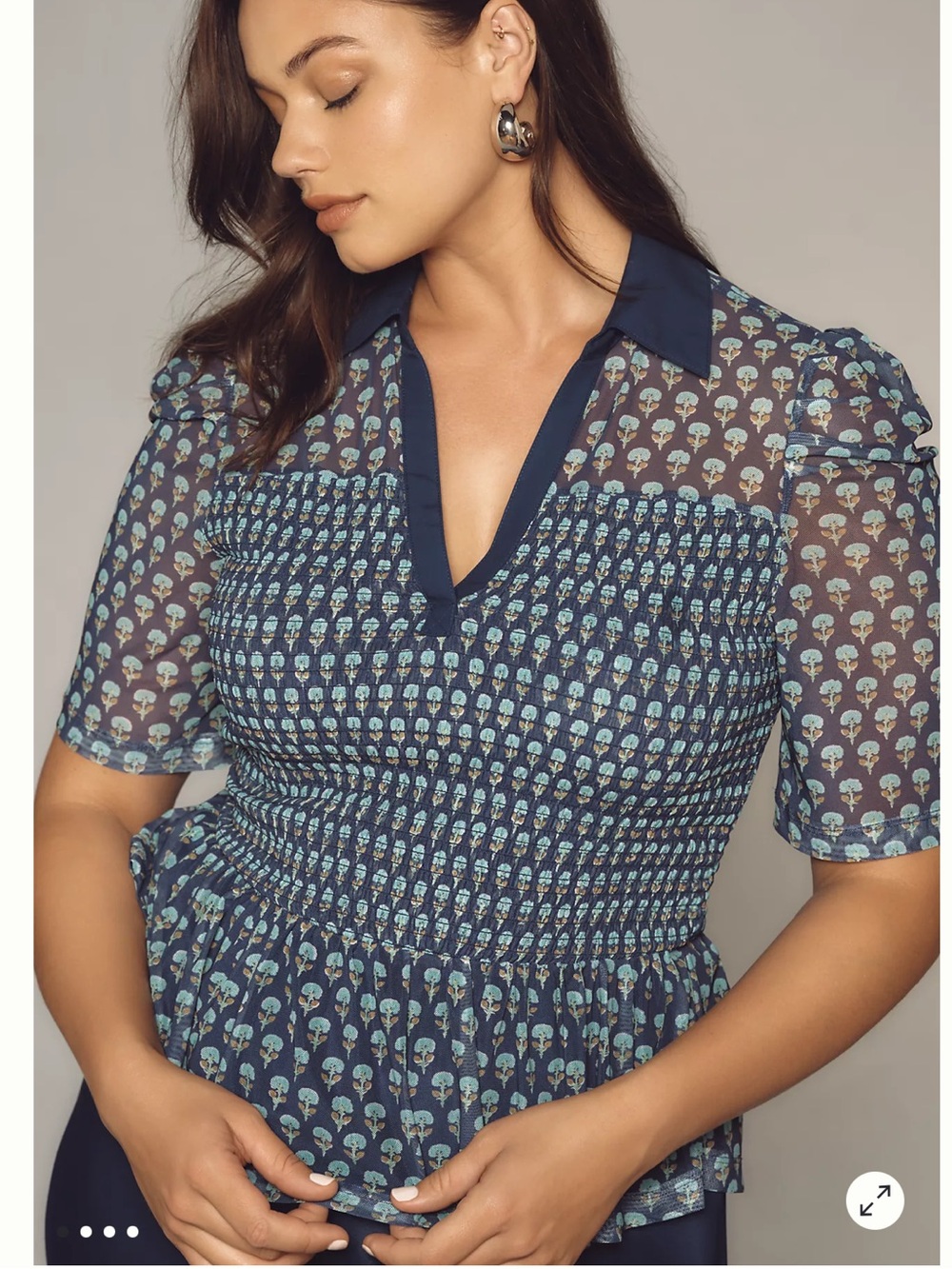 Maeve Anthropologie Short Sleeve Smocked Polo Top Blue Navy Size Large